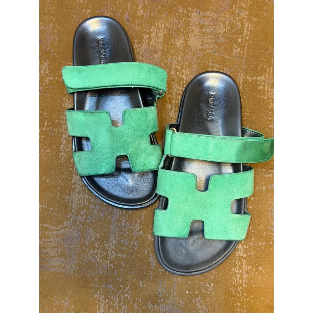 Hermes Chypre Sandals Green Suede Leather H Strap Slides Made in Italy